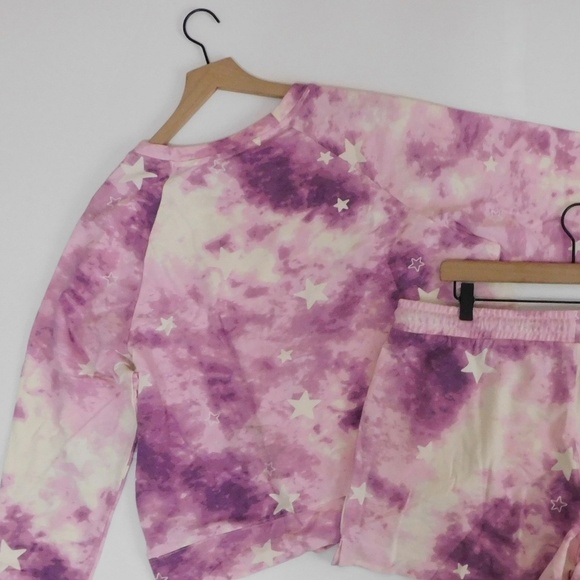 NWT!! WILDFOX Two-Piece Set Top Sweatshirt Shorts Purple Tie Dye Stars X-Large - Picture 10 of 16